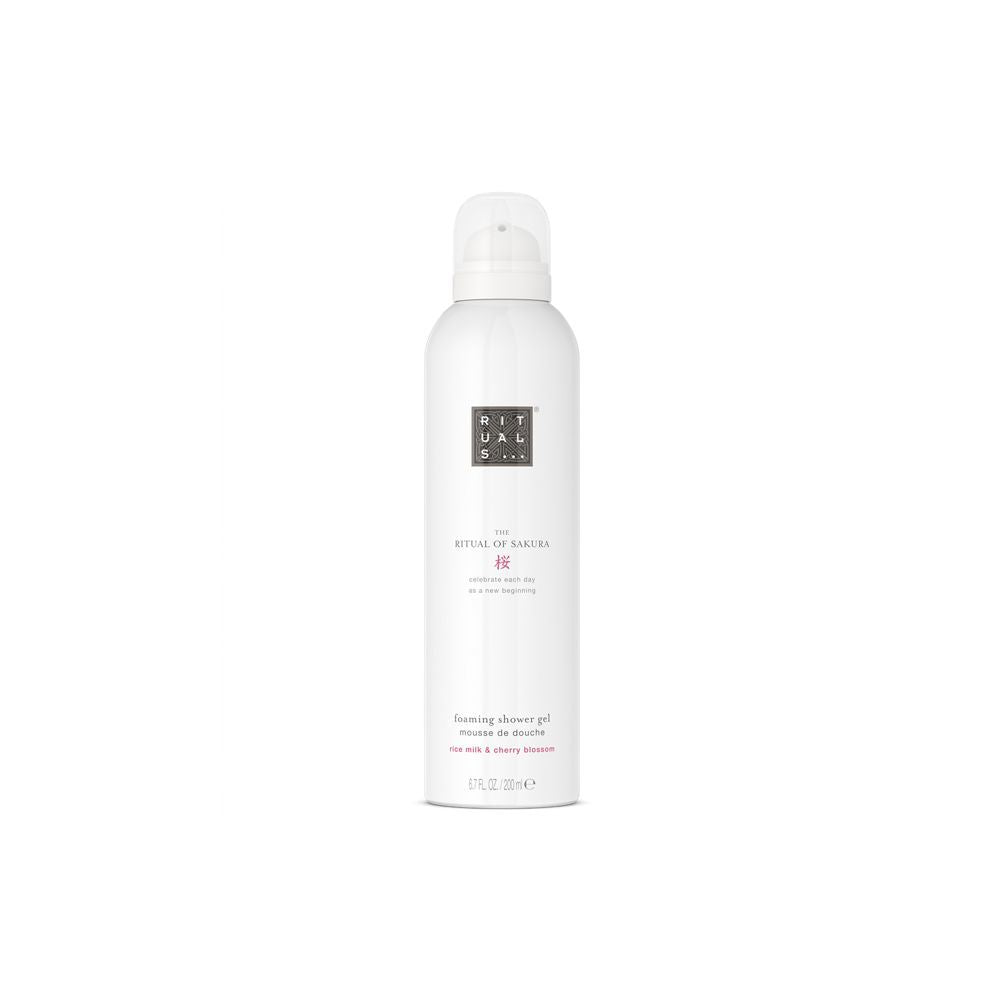 Rituals Minimalist white cylindrical foaming shower gel bottle in plastic with pump, printed label and small logo