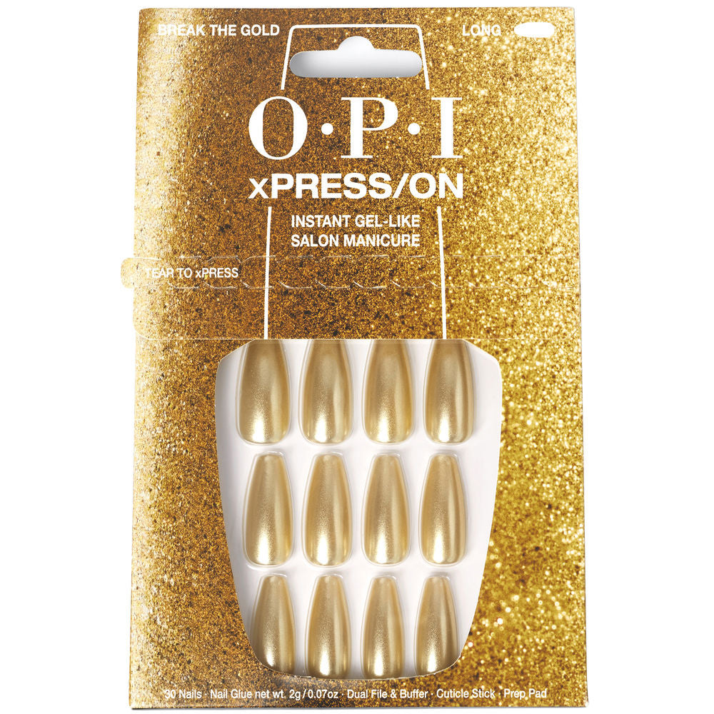 Thirty gold foil press-on artificial nails with adhesive and prep tools in kit