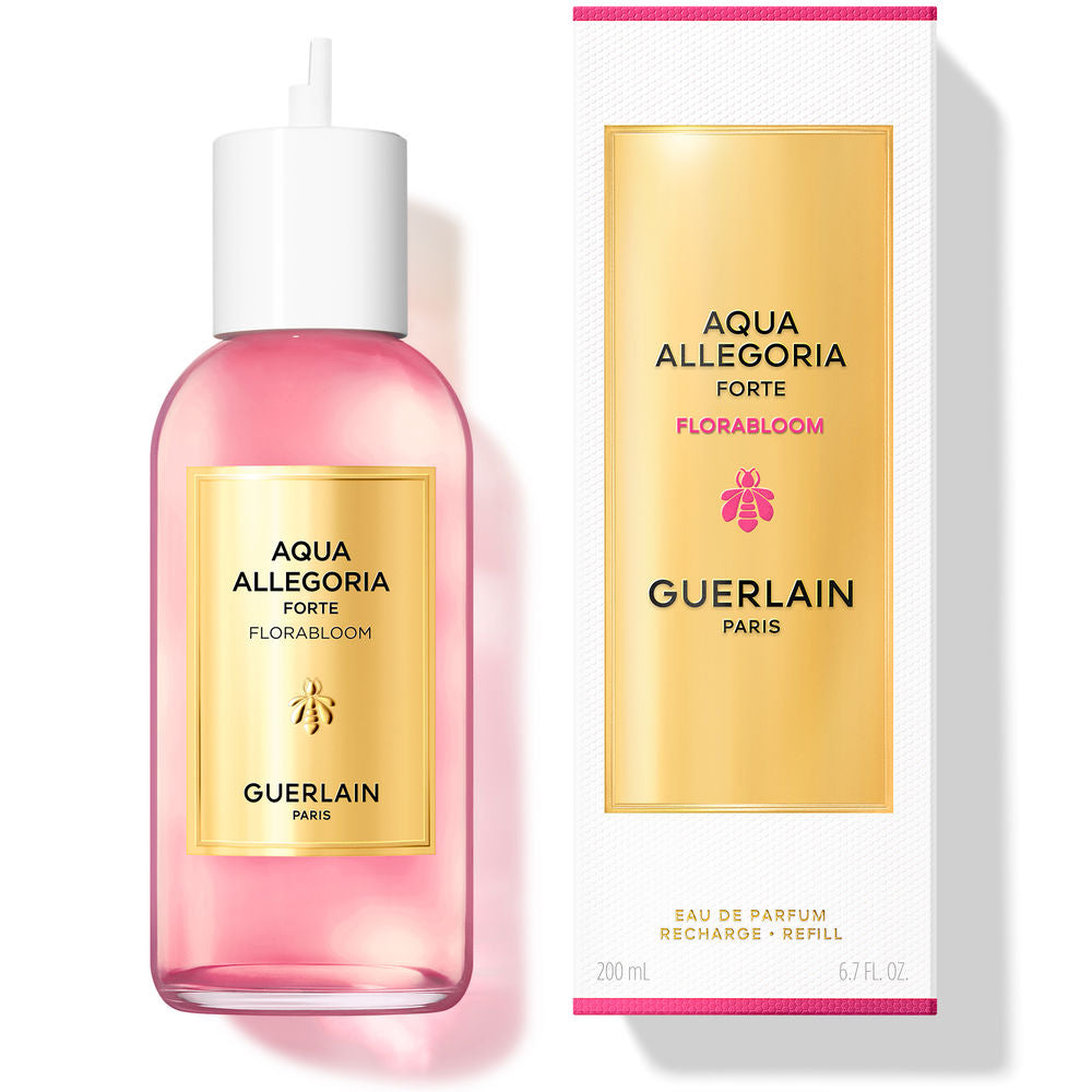 Guerlain Aqua Allegoria Flora Bloom Forte refill bottle with floral inspiration, recyclable packaging
