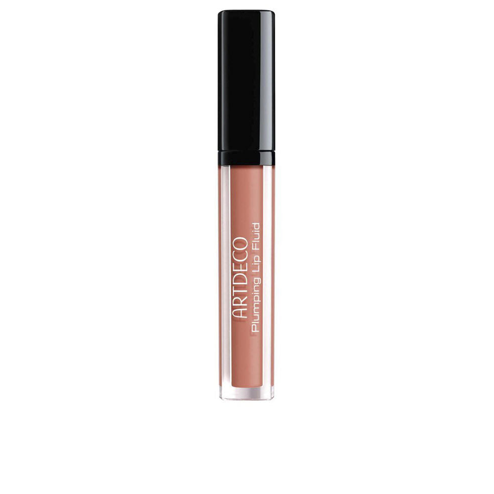 Tube of brown plumping lip gloss, 3 ml, glossy finish, subtle vanilla scent