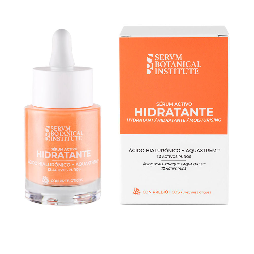 Servm Botanical Institute Minimalist glass serum bottle with white plastic dropper, orange label, and matching cardboard box