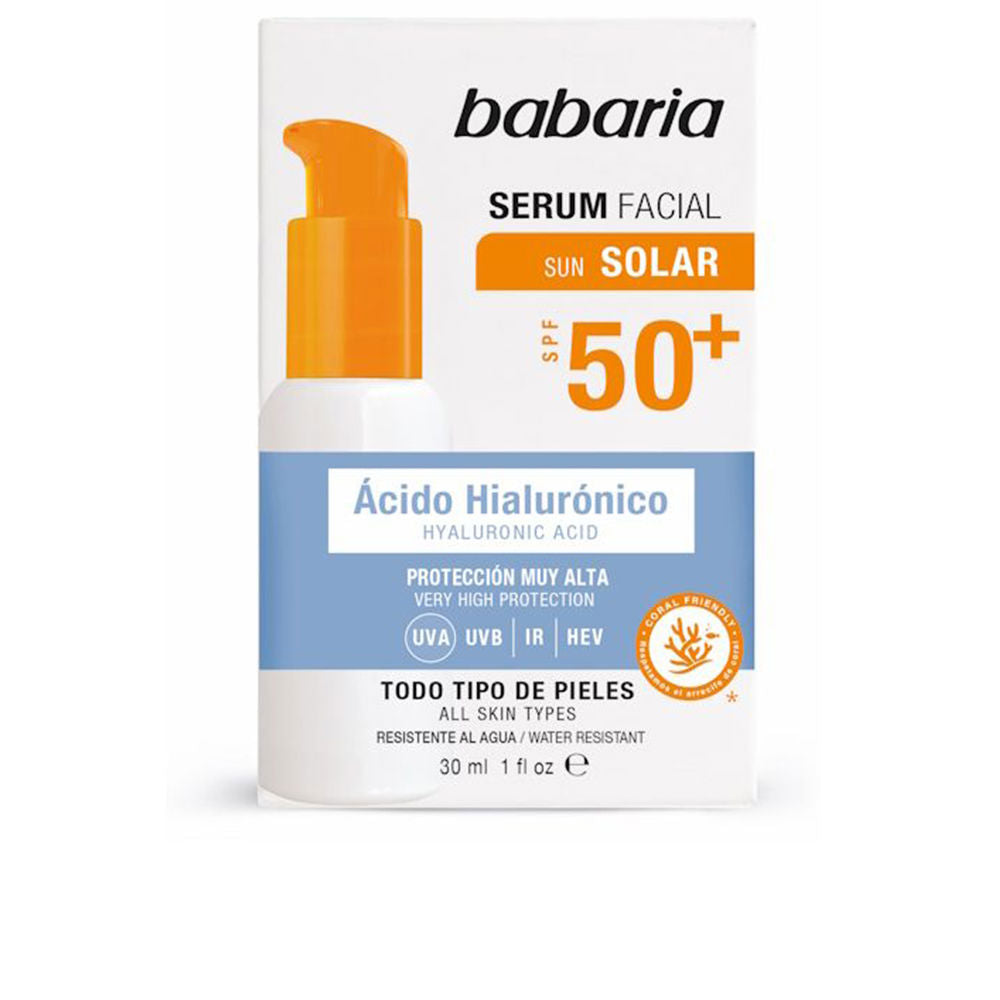 Bottle of Babaria Solar Hyaluronic Acid SPF50+ facial serum on neutral background
