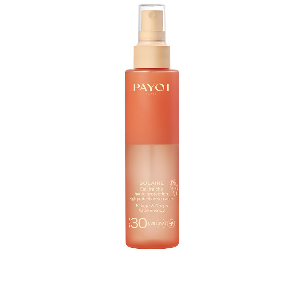 Bottle of Payot Solaire Eau Fraîche SPF 30 sunscreen in a light spray format