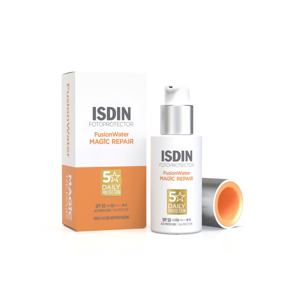 Isdin White, orange and silver pump sunscreen bottle with accompanying box, plastic bottle and cardboard packaging