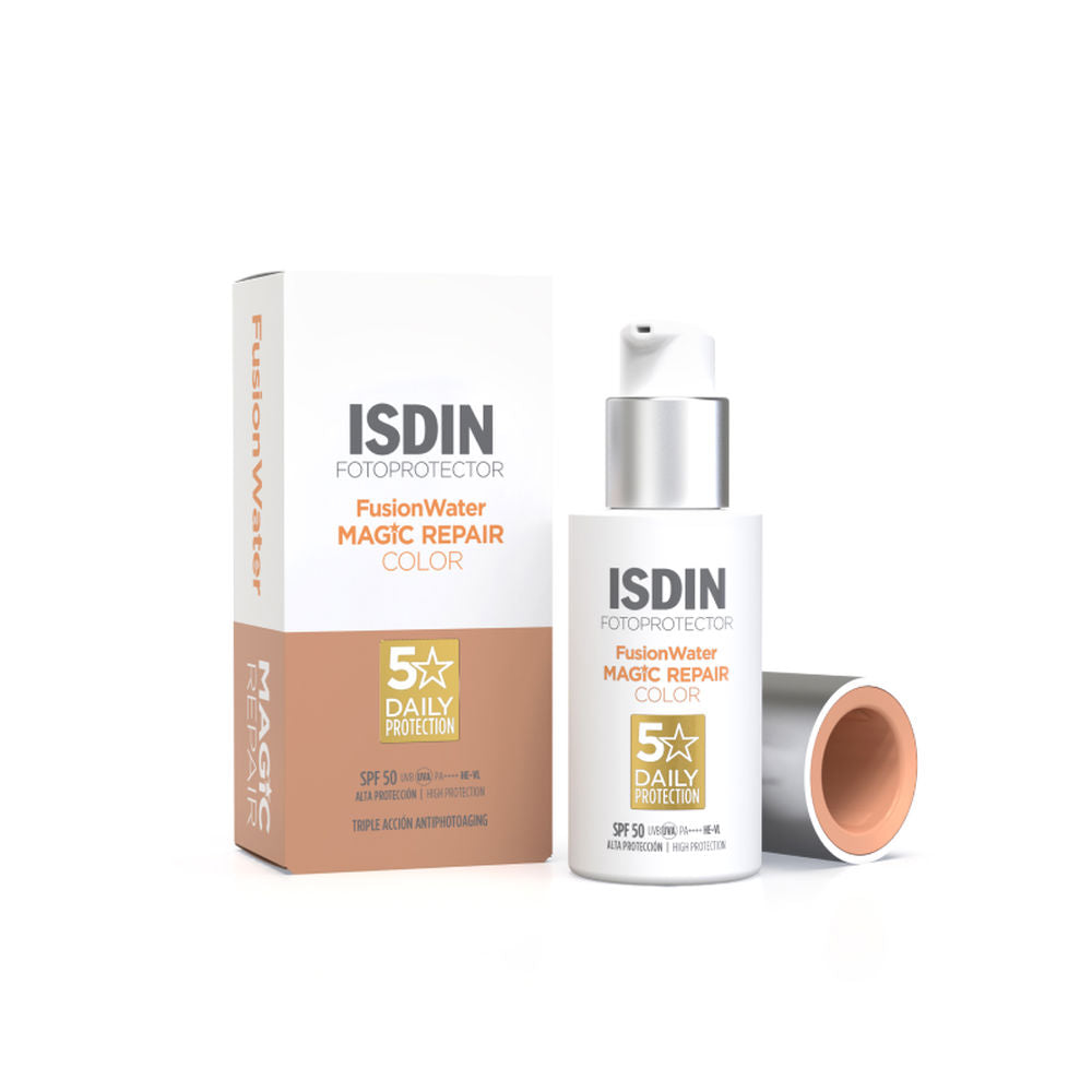 Isdin Minimalist white and beige pump bottle and rectangular box with silver accents, gold star icon, removable cap, plastic and cardboard materials, presented