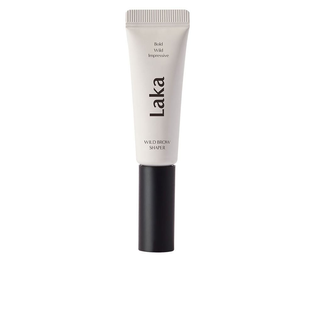 Laka White and black plastic eyebrow-gel tube with matte finish, screw cap, printed text