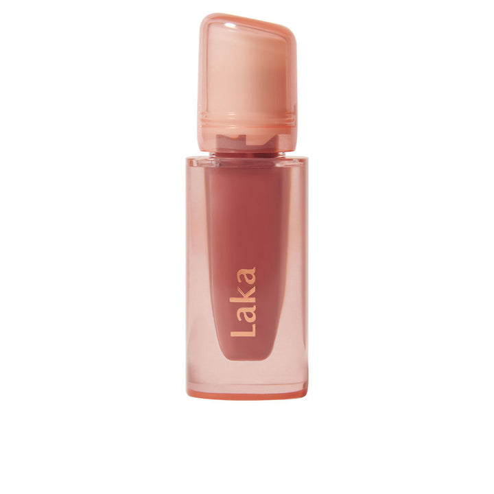 Laka Minimalist rectangular transparent plastic lip gloss bottle showing pinkish nude liquid and sleek cap, .