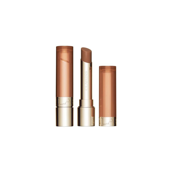 Small 2.9 g sheer brown-tinted lip balm in tube, glossy finish