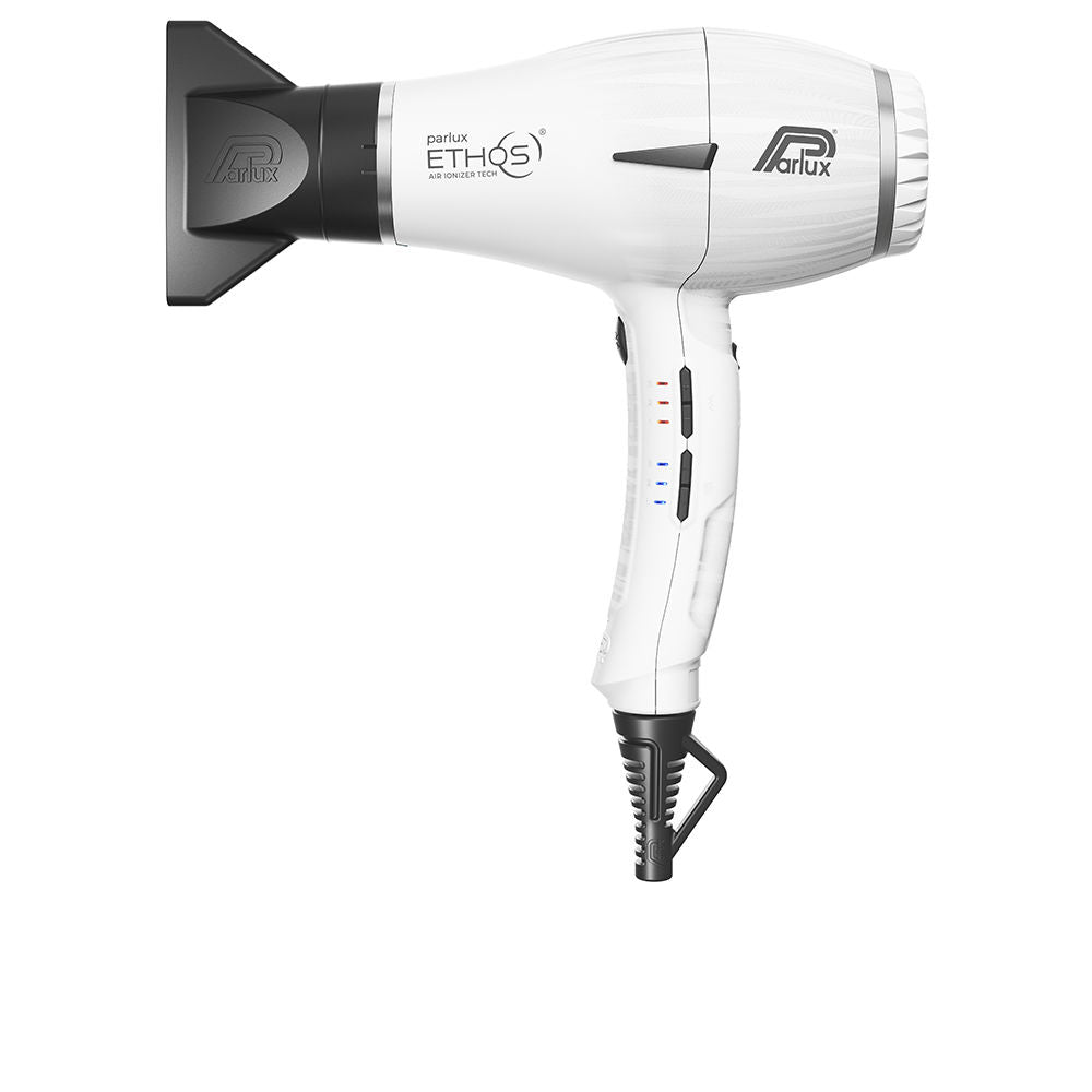 Matte white Ethos professional hair dryer with slim handle and concentrator