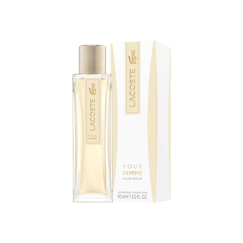 Elegant Lacoste Pour Femme perfume bottle against a soft neutral backdrop