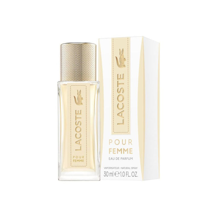 30 ml clear perfume bottle with subtle label, warm floral-woody scent