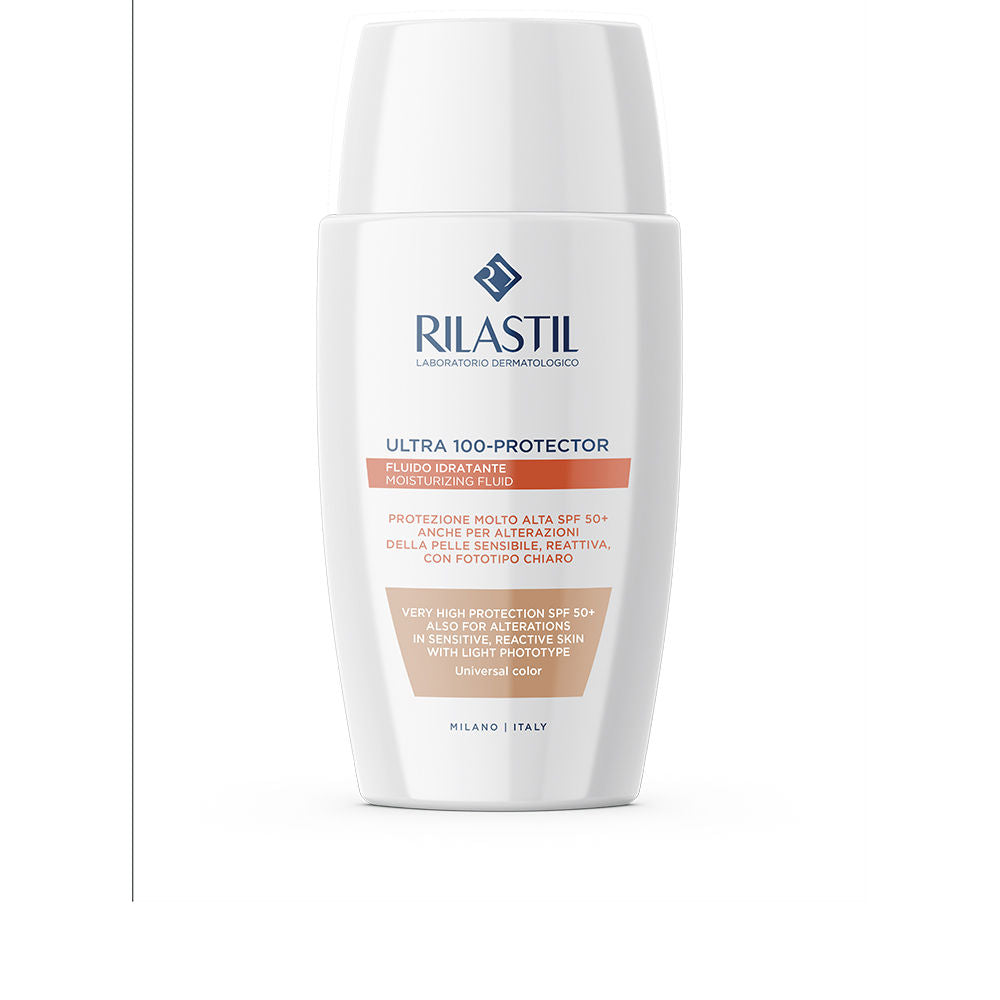 Minimalist rectangular white plastic bottle with flip-top cap — moisturizing fluid, Rilastil brand.