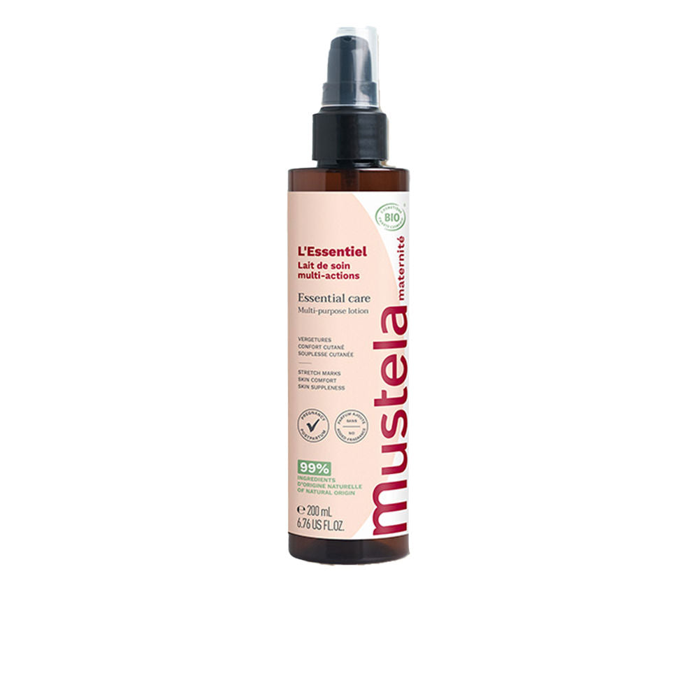 Mustela Plastic pump lotion bottle with transparent cap, brown and beige label, minimalist modern design