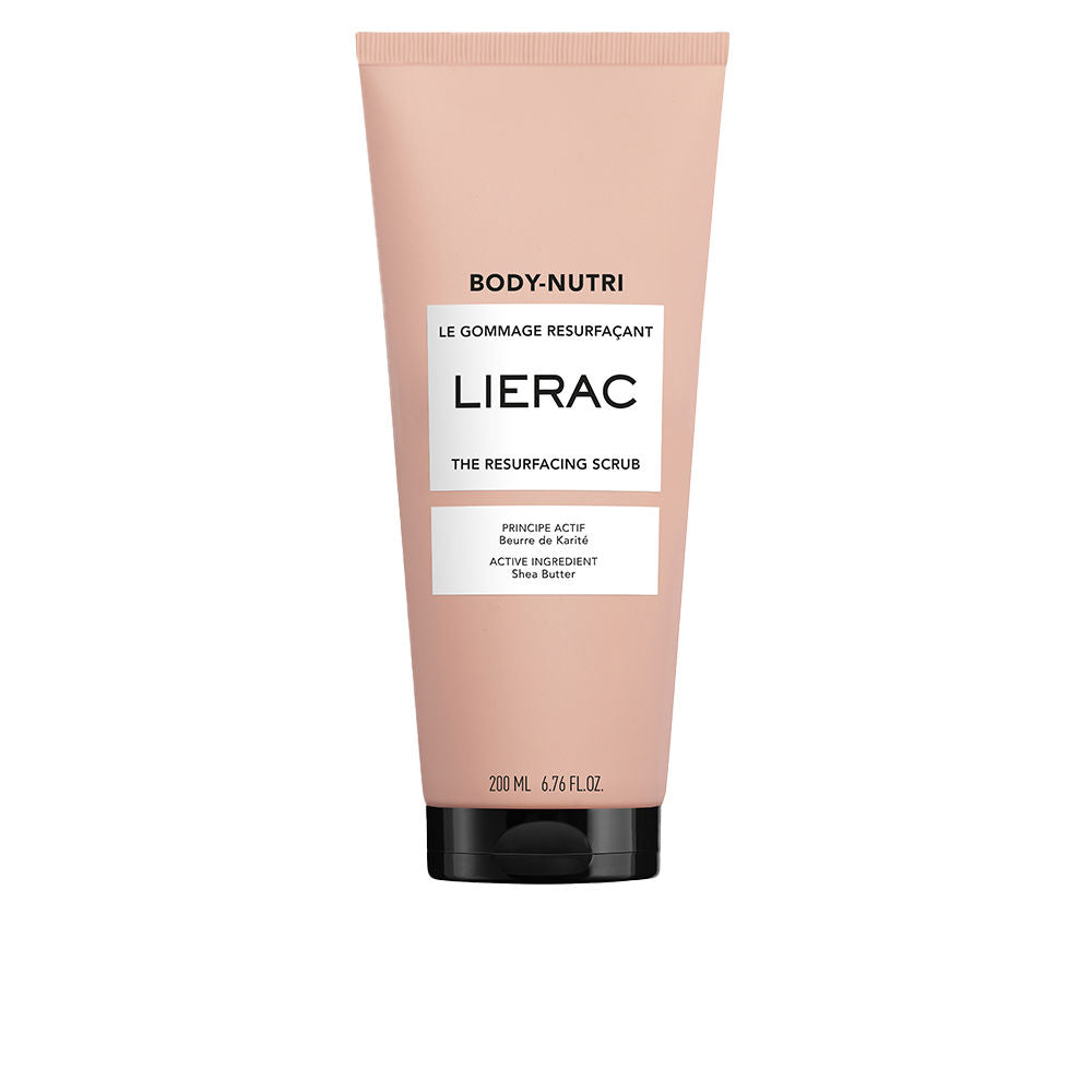 Lierac Peach-toned plastic tube scrub with flip-top cap, minimalist design and creamy exfoliating texture