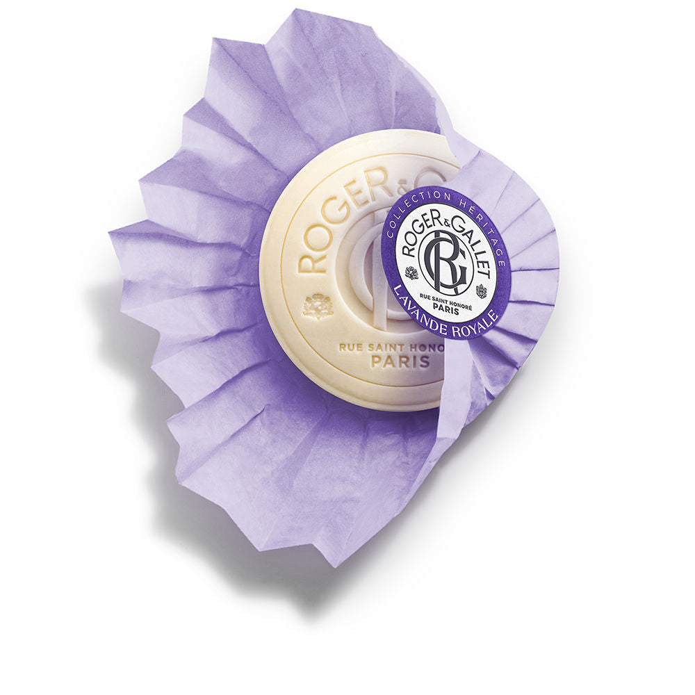 Cream and lavender round soap wrapped in purple paper with embossed text and circular label, Roger &amp; Gallet