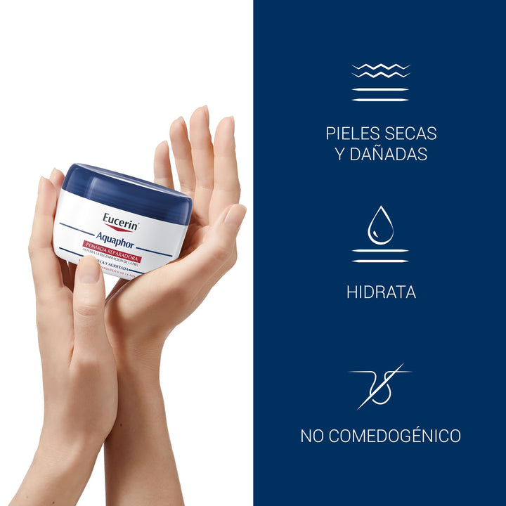White plastic round container with screw-on lid, printed label with red and blue text bands, Eucerin