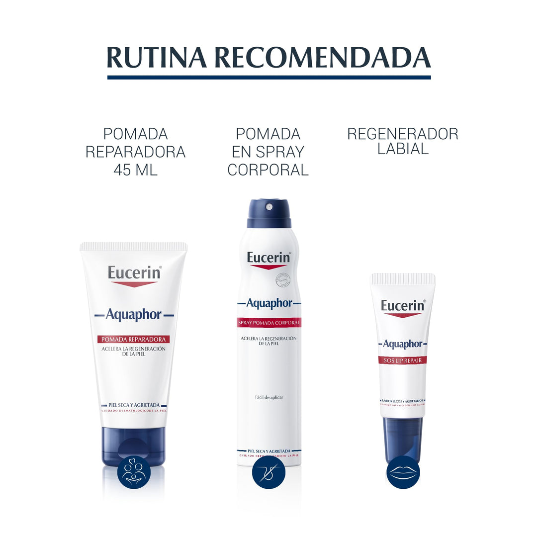 White plastic round container with screw-on lid, printed label with red and blue text bands, Eucerin