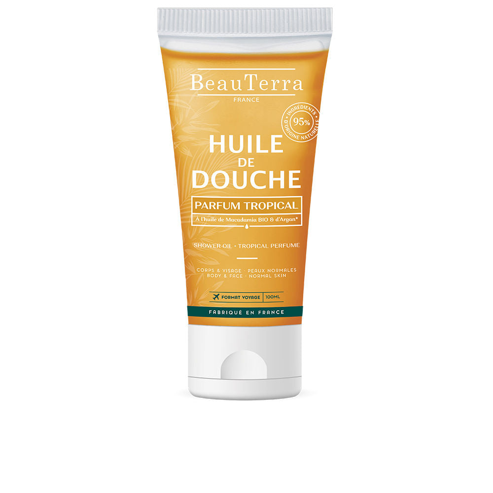 Beauterra tropical shower oil in orange-and-white plastic tube with flip-top cap, leaf pattern, 100ml label