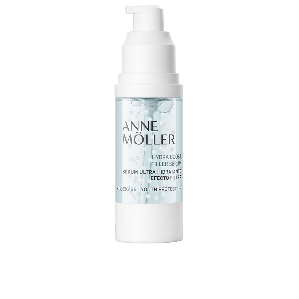 Anne Möller White and light blue plastic serum bottle with pump, transparent body, visible bubbly liquid, printed text