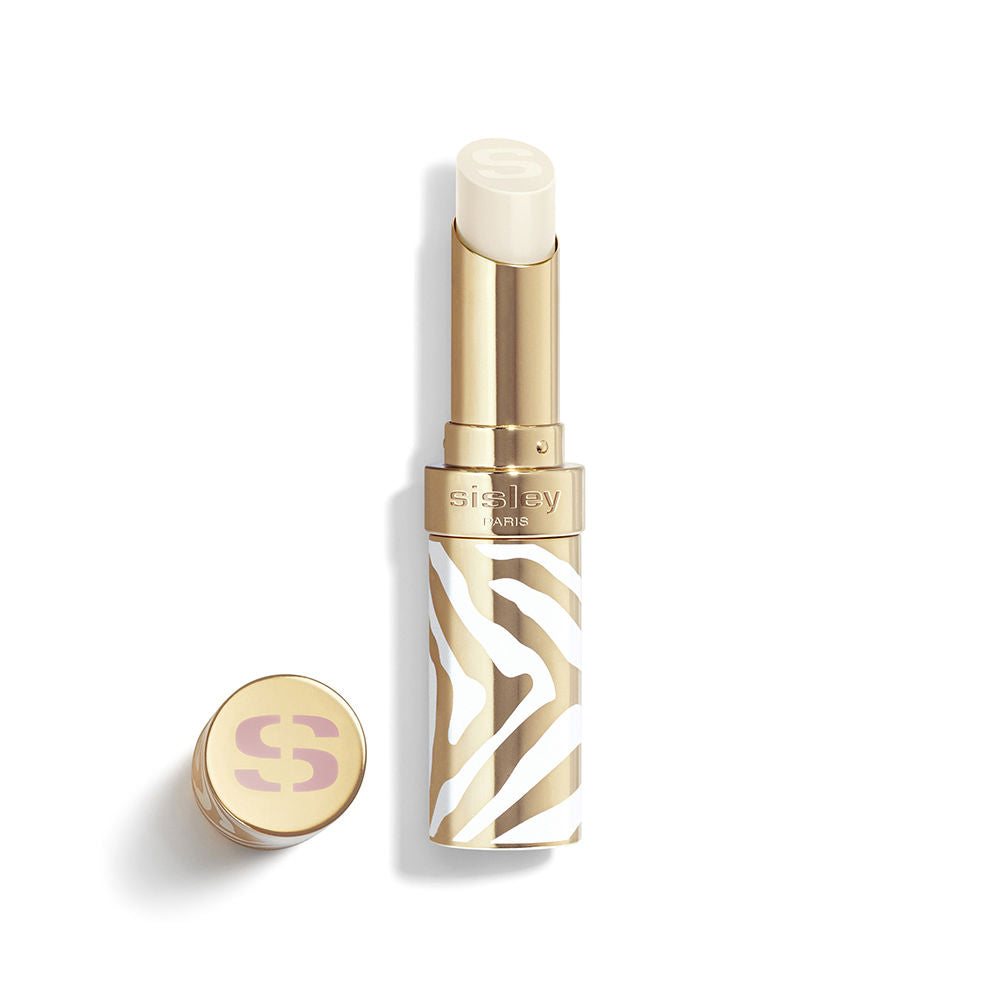 Refillable gold-and-white zebra lip balm tube; clear creamy balm, 1 unit, Unisex