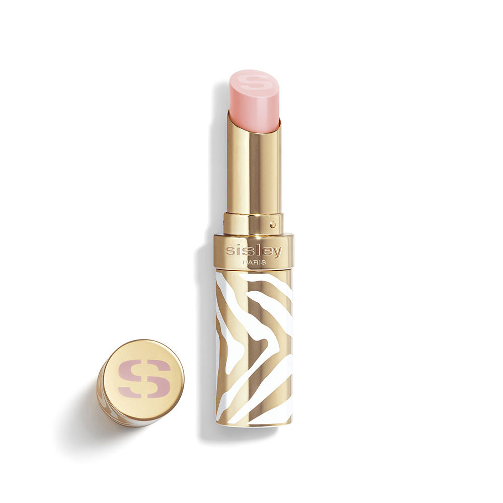 Refillable gold-and-white zebra case, pink-glow lip balm, glossy finish, Unisex