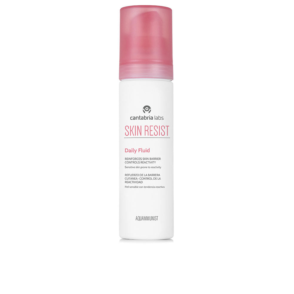 White and pink opaque plastic pump bottle of Skin Resist Daily Moisturizing Fluid, minimalist design