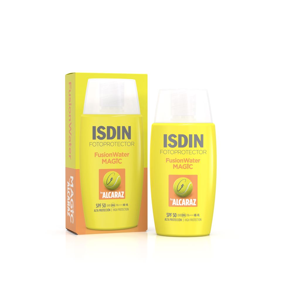Isdin Yellow rectangular plastic sunscreen bottle with transparent cap, printed front logo and matching box packaging
