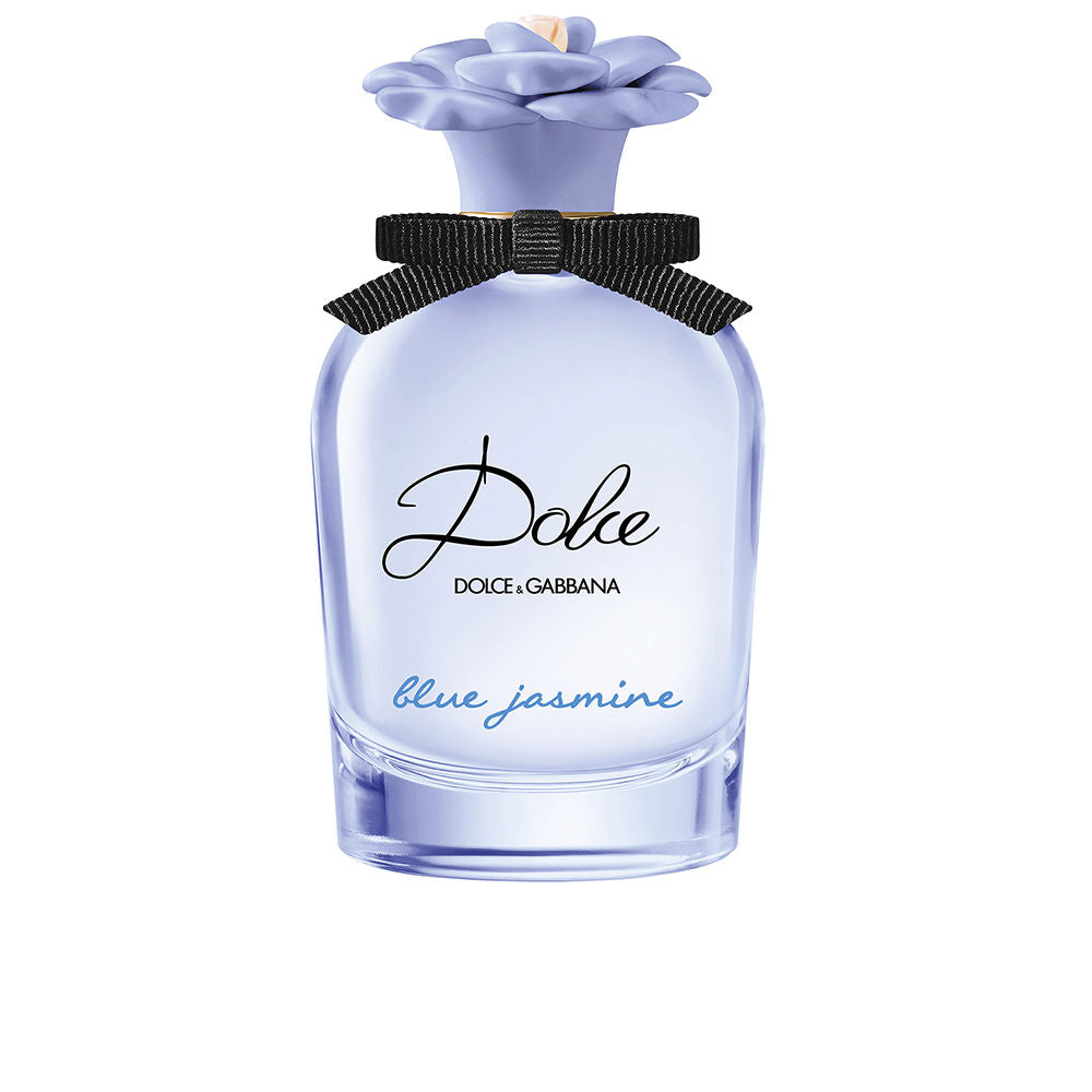Dolce & Gabbana Light purple glass perfume bottle with flower-shaped cap, black bow, curved silhouette, printed text