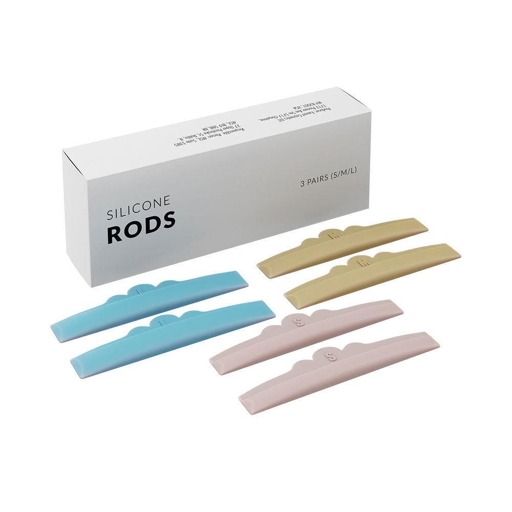 Three silicone lash lift rods in blue, beige, pink with S/M/L size markings, soft matte finish, Nanolash