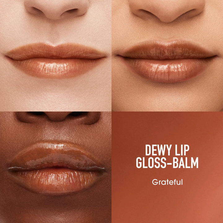 Bare Minerals hydrating satin lip gloss in clear tube with doe-foot applicator showing glossy, sheer finish