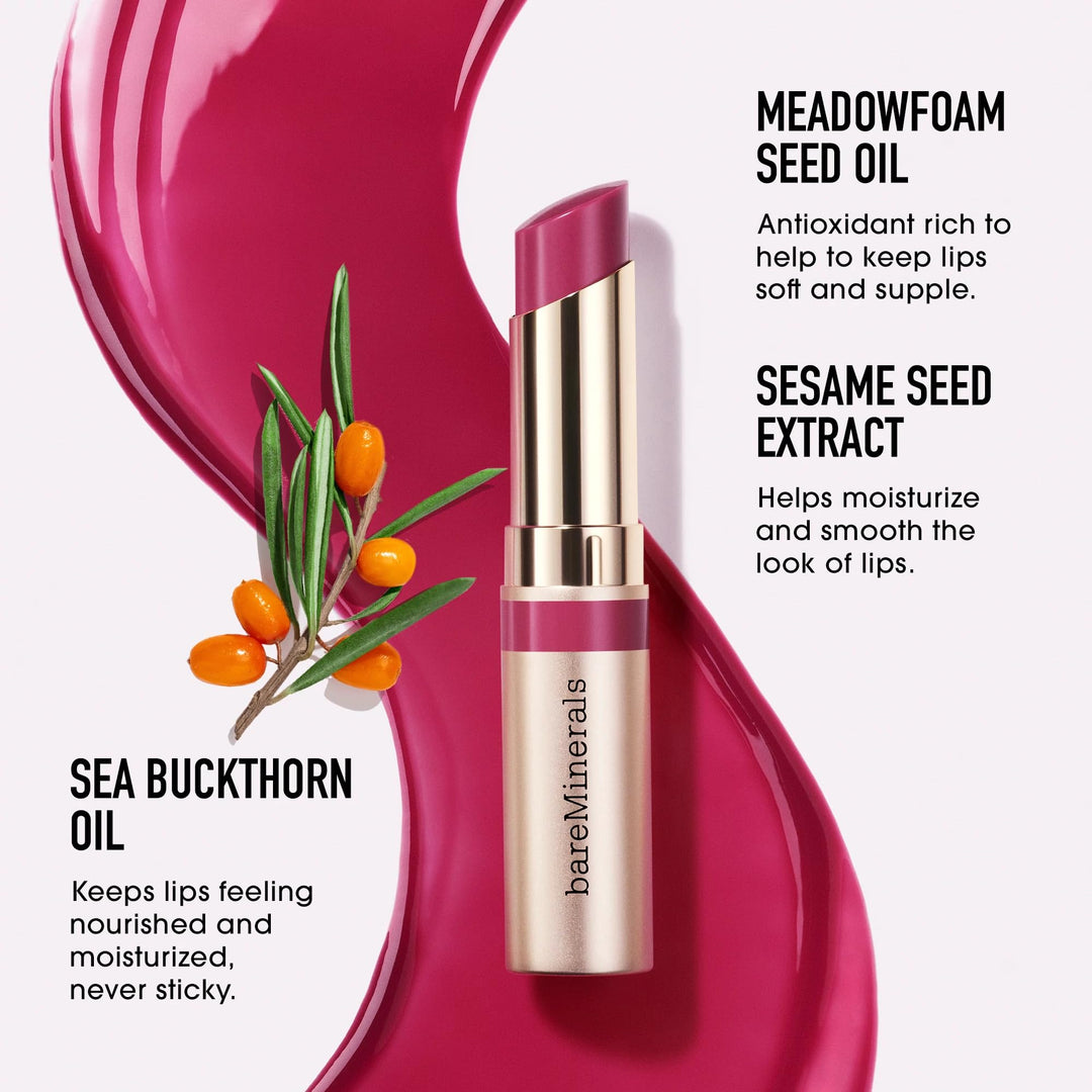 Bare Minerals hydrating satin lip gloss in clear tube with doe-foot applicator showing glossy, sheer finish
