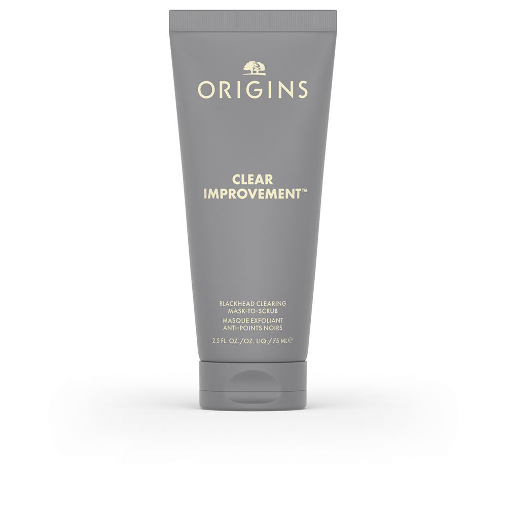 Origins Gray squeeze tube with flip-top cap, minimalist plastic packaging of a blackhead-clearing mask
