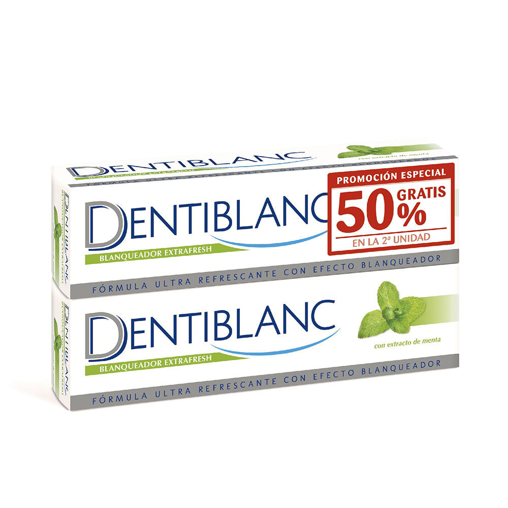 Tube of Dentiblanc Extrafresh Whitening toothpaste, mint-fresh whitening formula