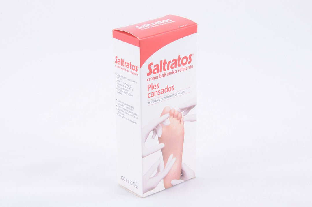 Saltratos White and red plastic tube and cardboard box of foot cream, simple clinical design, foot illustration