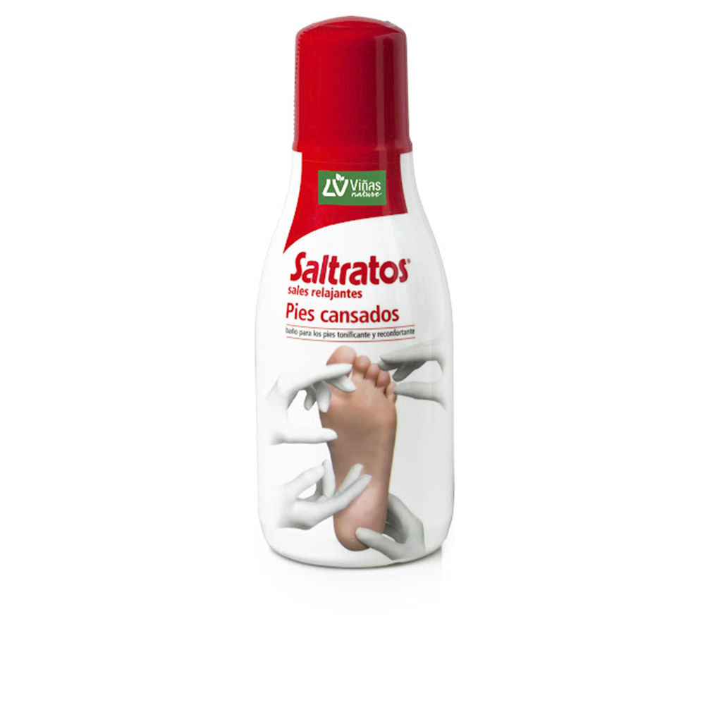 Saltratos Red and white plastic bottle of relaxing salts with label showing hands massaging a foot