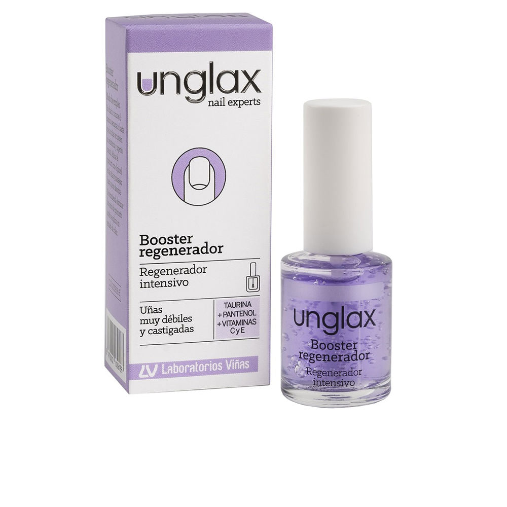 Unglax Light purple nail treatment in transparent glass bottle with white cap, printed text, bubbles, rectangular box