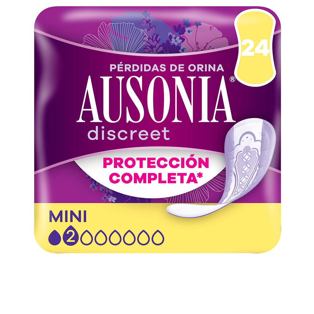 Ausonia Purple, yellow, and white mini incontinence pads with floral pattern, absorbency drops, and pad illustration