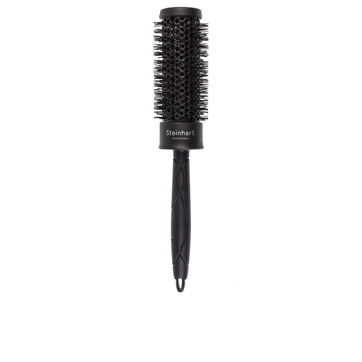Black round ceramic barrel brush with vented design, professional ionic styling