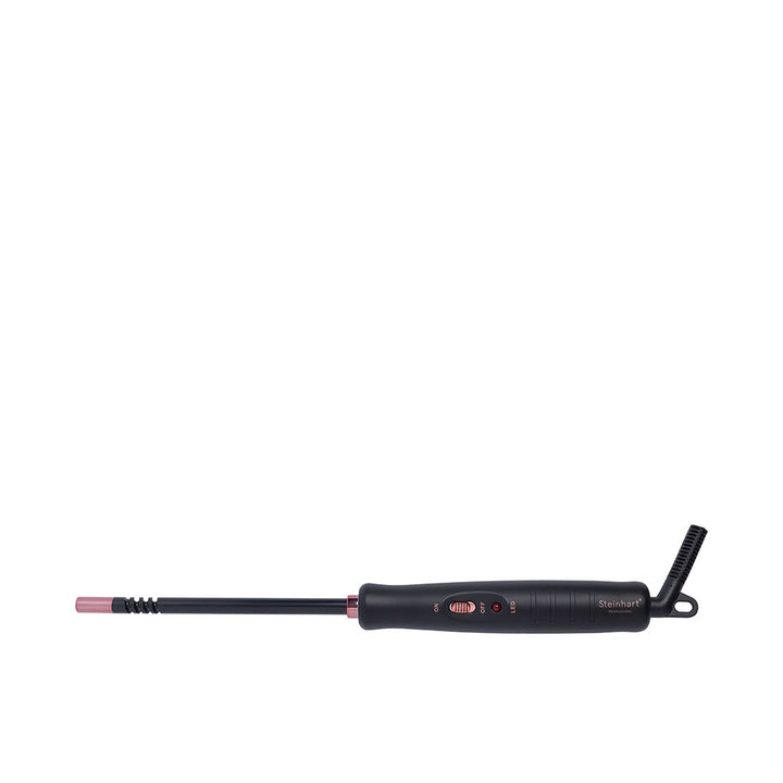 Black spiral‑tip ceramic curling wand with ergonomic handle, 360° swivel cord