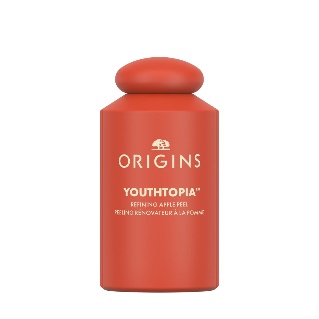 Origins Glass bottle of apple stem cell resurfacing peel with minimalist label and dropper, photographed on neutral background for