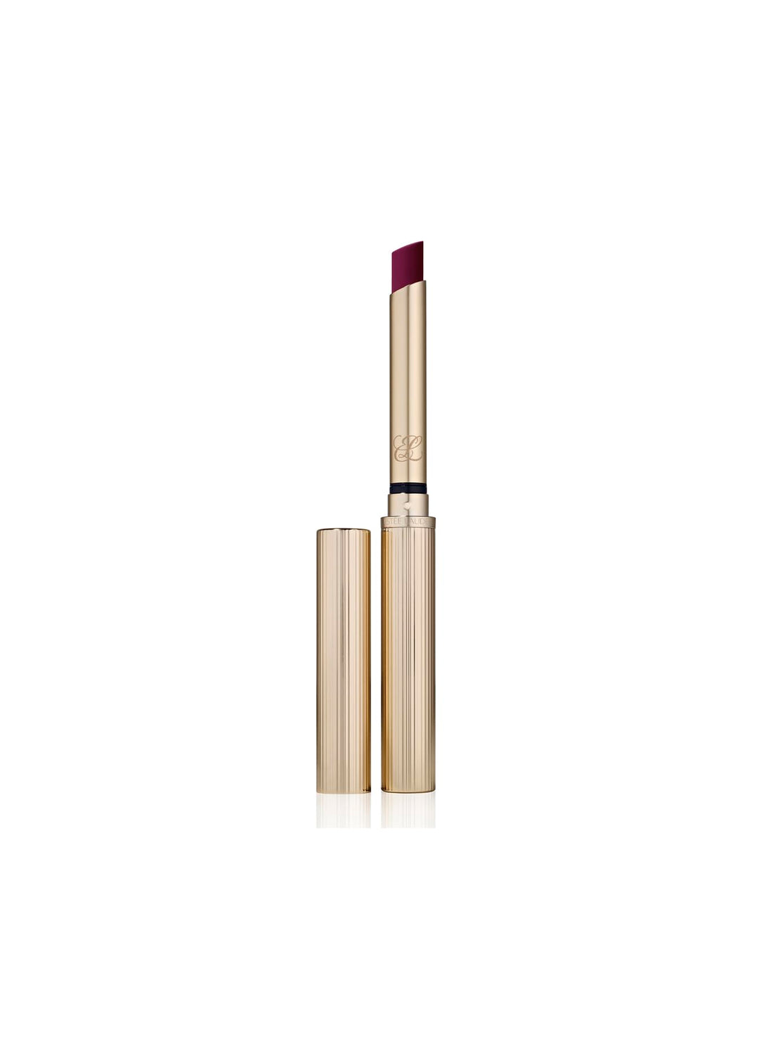 Slim 6 mm silk-matte lipstick in deep purple shade, textured gold case, 7 g