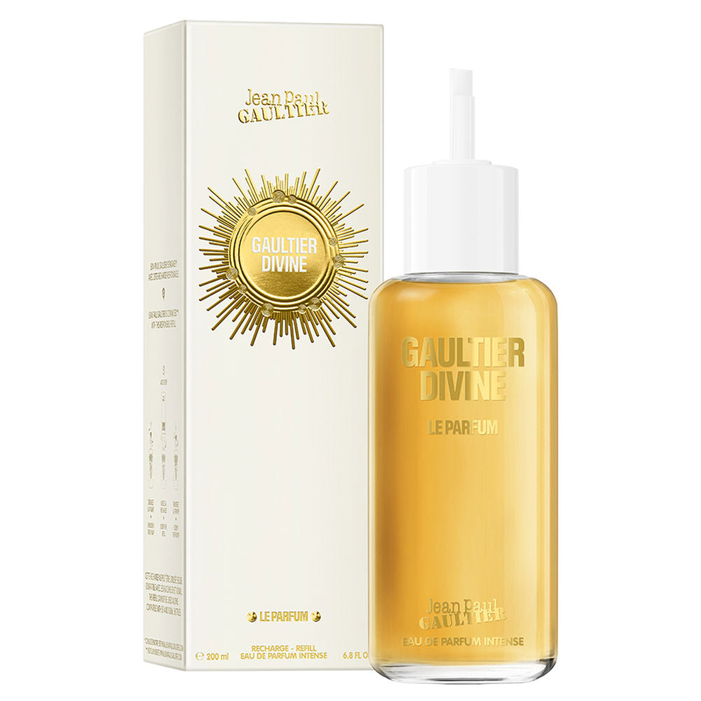 Gold torso-shaped 200 ml refillable perfume bottle with amber-floral fragrance