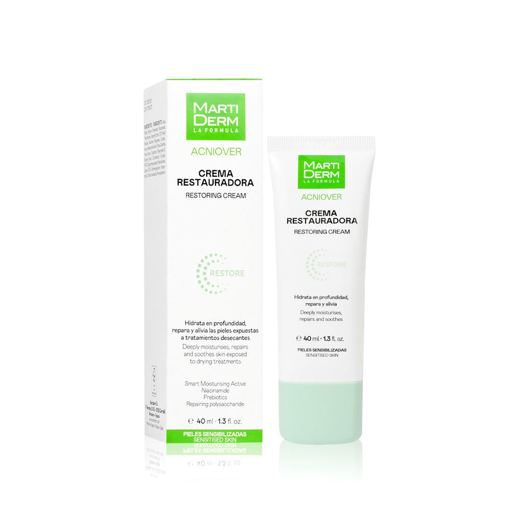 Martiderm Minimalist white and light green restoring cream tube with box, green logo and bilingual text