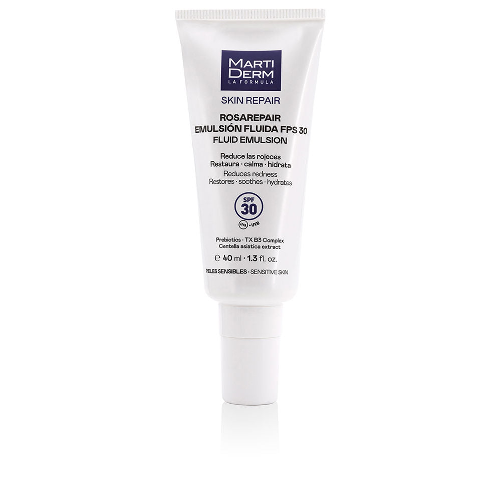 White plastic tube of fluid emulsion with screw cap, minimalist clean design, Martiderm brand visible