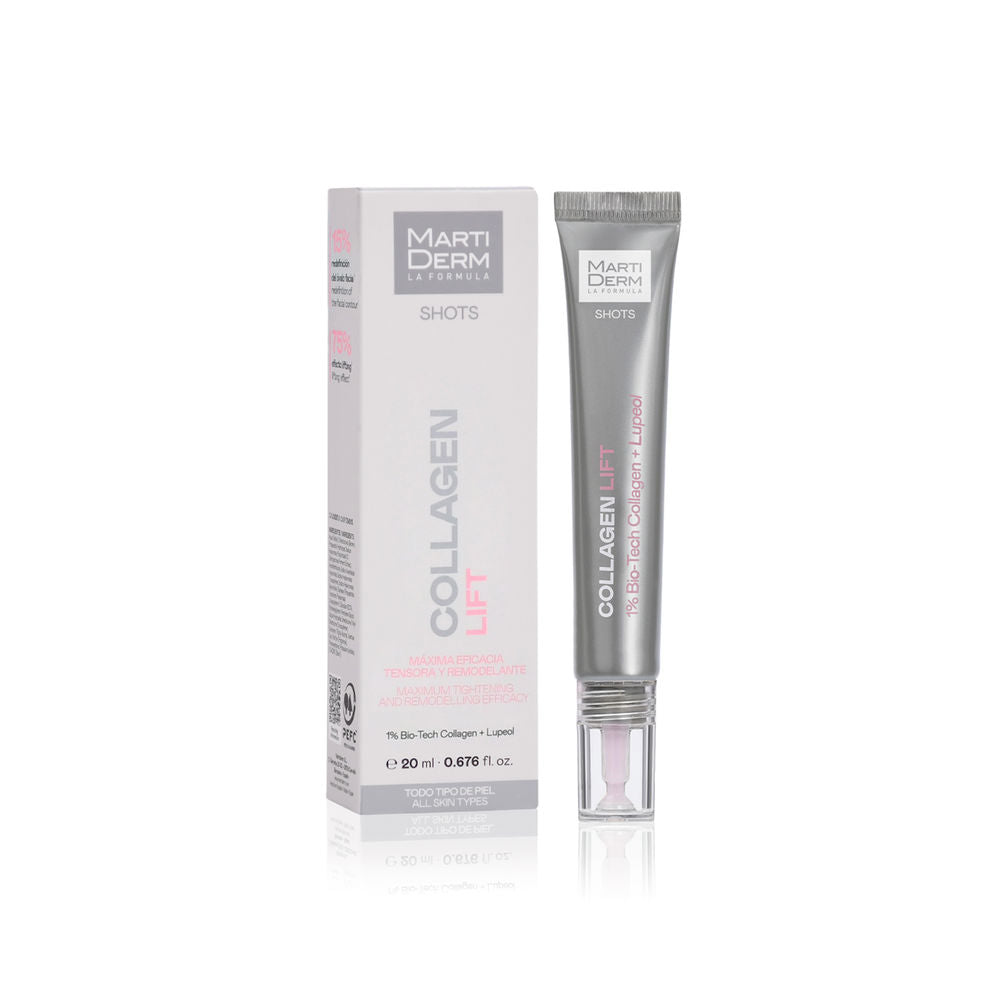 Martiderm lifting collagen concentrate in silver, white, and pink plastic tube with small nozzle, modern minimalistic box
