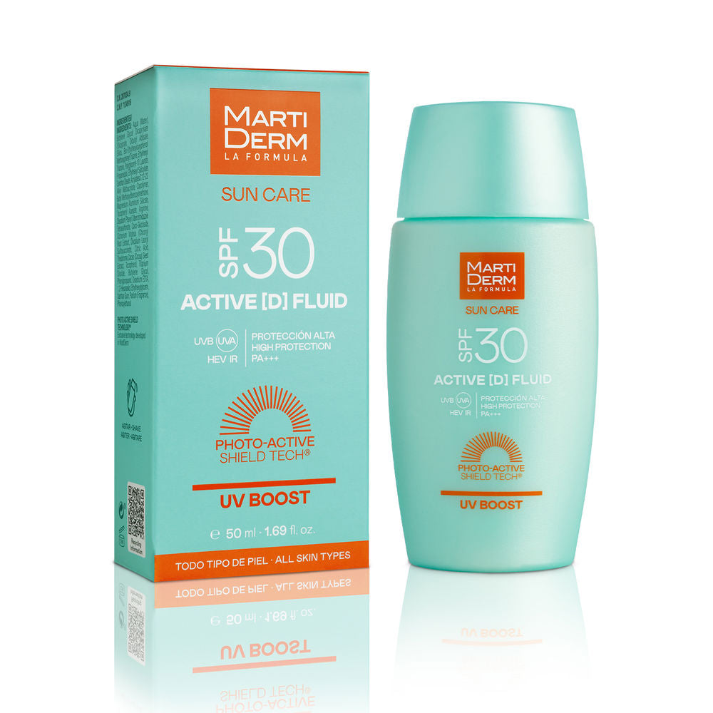 Light turquoise plastic sun care fluid bottle with cap beside orange-accented box, modern sans-serif print, Martiderm