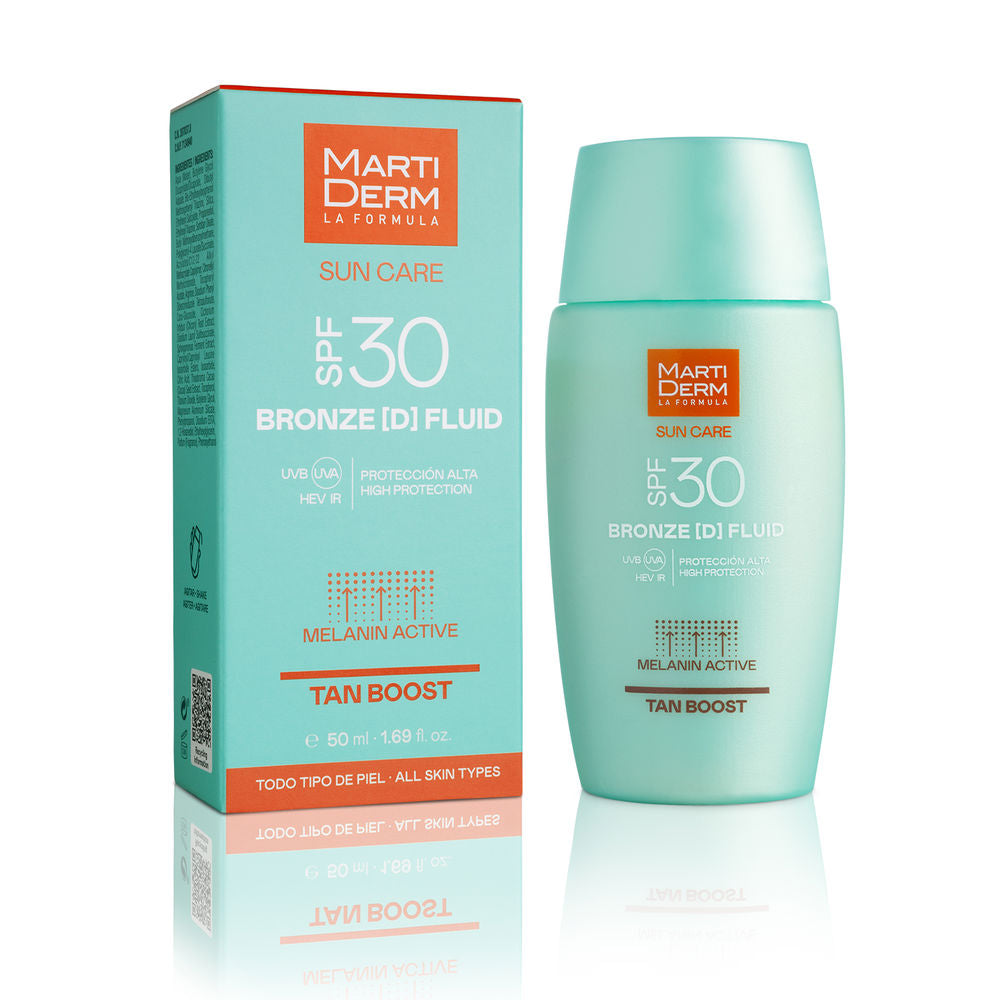 Martiderm Light turquoise sun care fluid bottle with orange accents, cap, printed text and matching cardboard box