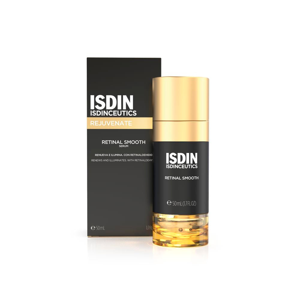 Isdin Black and gold plastic serum bottle with pump beside yellow cardboard box, modern sleek design