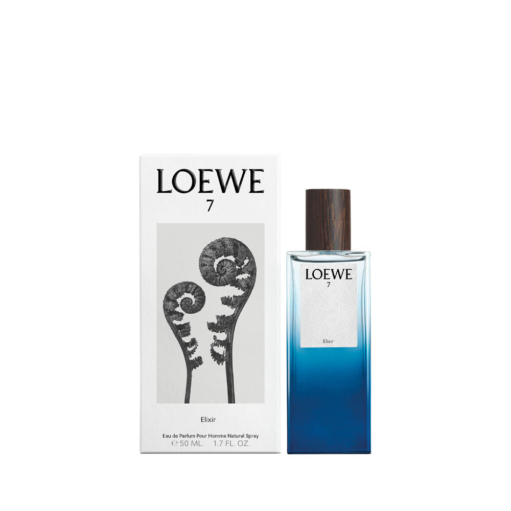 Clear-to-blue gradient glass bottle of LOEWE 7 Elixir with wenge wood cap