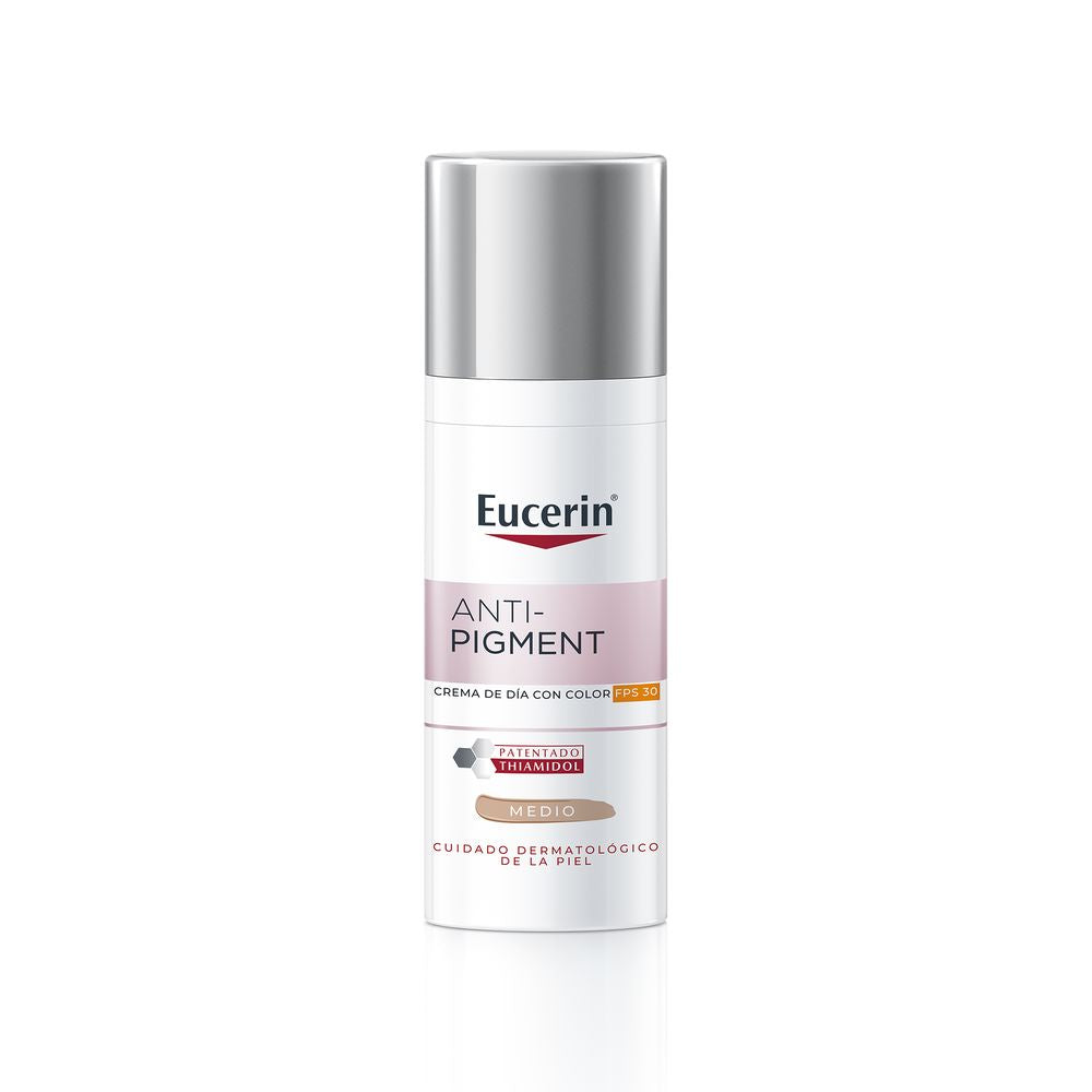 Eucerin Minimalist plastic pump cream in white, silver, pink and beige with orange accents, labeled graphic